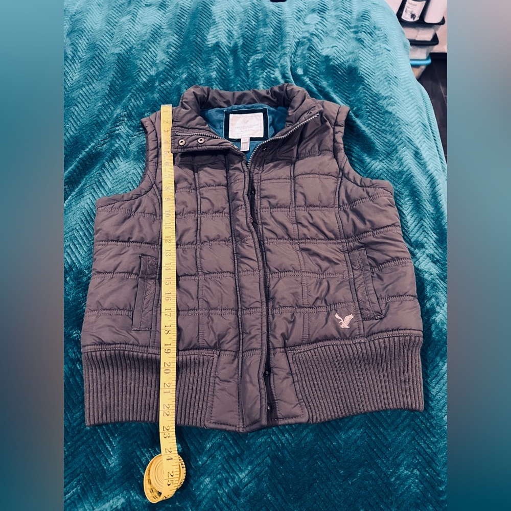 AEO Cottagecore Brown Quilted Puffer Vest Teal Satin Lining Large Cabincore Cozy - Picture 5 of 8